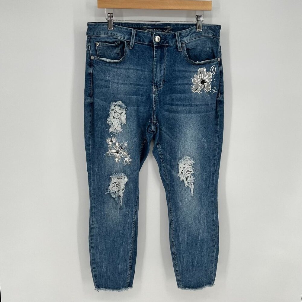 Seven7 Womens Ankle Skinny Floral Detail Jeans Size 14 Blue Crochet Distressed